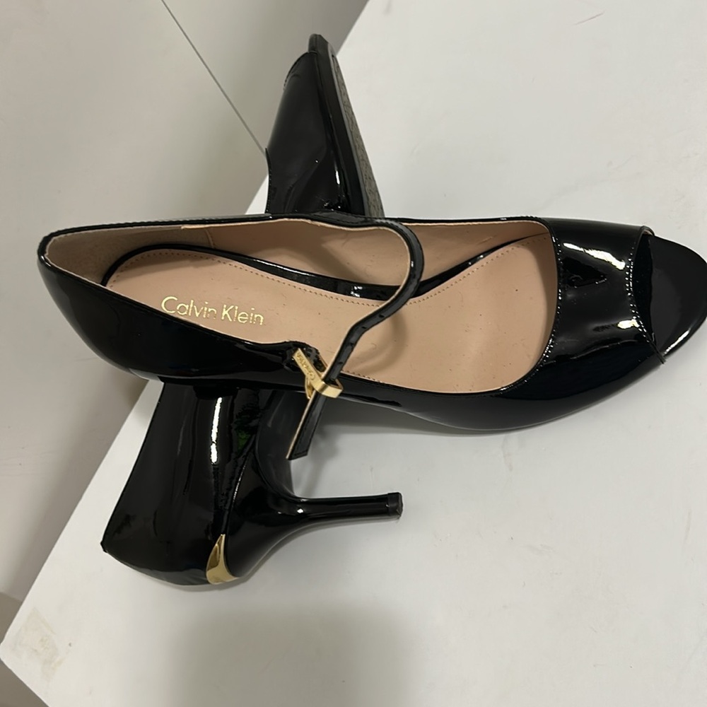 Calvin Klein Black Patent Peep Toe Heels. Worn once just for trying